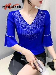 MadBlack European Clothes magliette donna Sexy scollo a V Glitter Hot Drill Slim Mesh top manica corta Flare Tee Summer muslimah