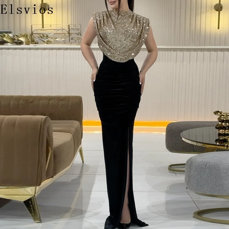 Fashion Temperament Sequins Stitching Dresses Women Luxury Contract Color Party Dress Elegant Women O Neck High Slit Maxi Dress