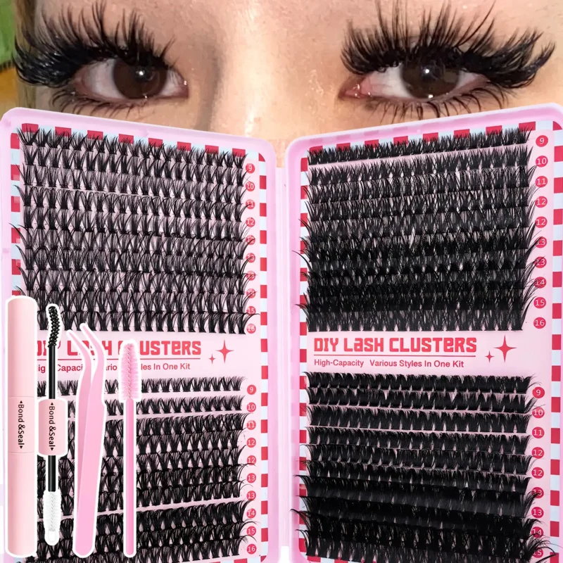 Kit de extensão de cílios densos com cola, cílios postiços de grande capacidade, inclui pinças e pincel, olhos naturais grossos