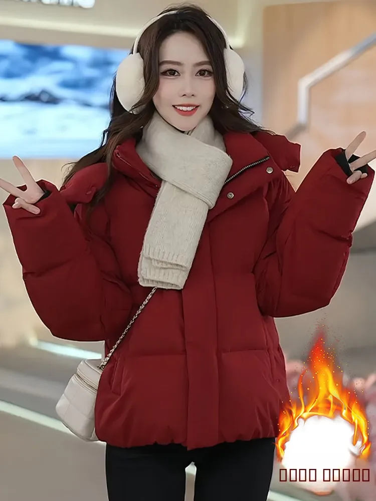 

2026 New Women's Thiened Warm Cotton Jaet down Cotton Coat ort Hooded Winter Loose Fce Lined Outerwear Korean Sle