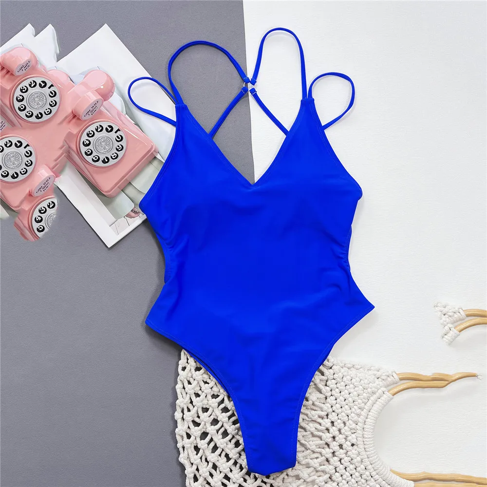 Solid Blue Backless Swimwear One Piece Sexy Swimsuit Women 2025 Back Cross String Bathers High Cut Bathing Suit Swmming Wear