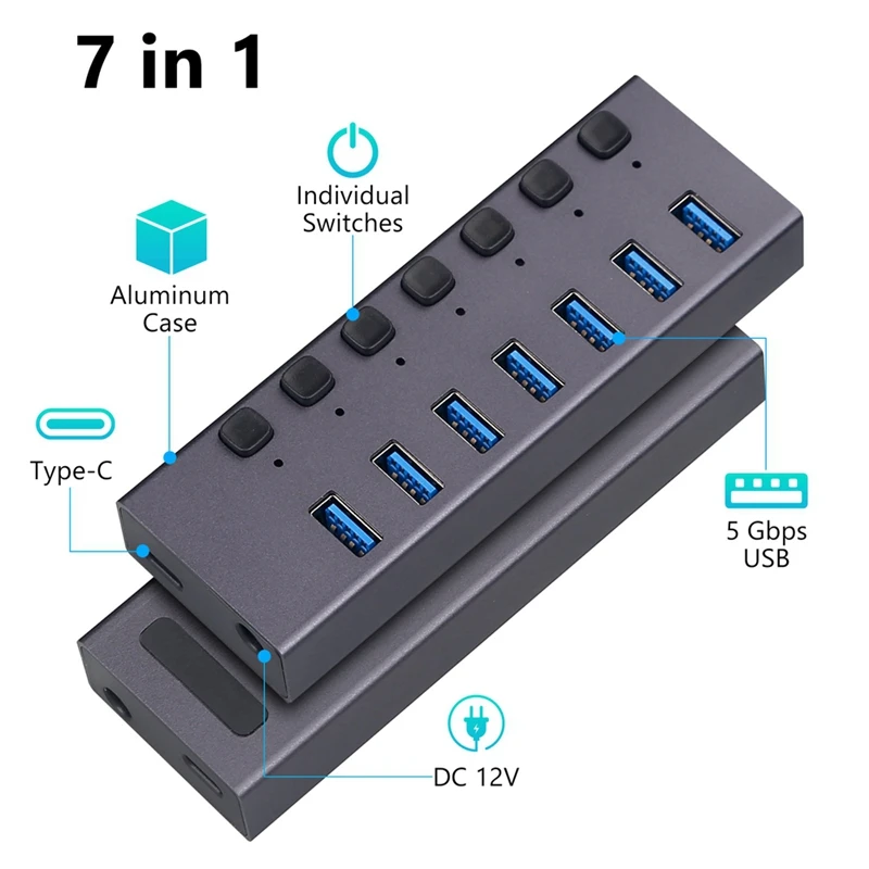 

Разветвитель USB3.0, 7-портовый многоинтерфейсный концентратор для зарядки с переключателем, прочный, простой в установке, простой в использовании