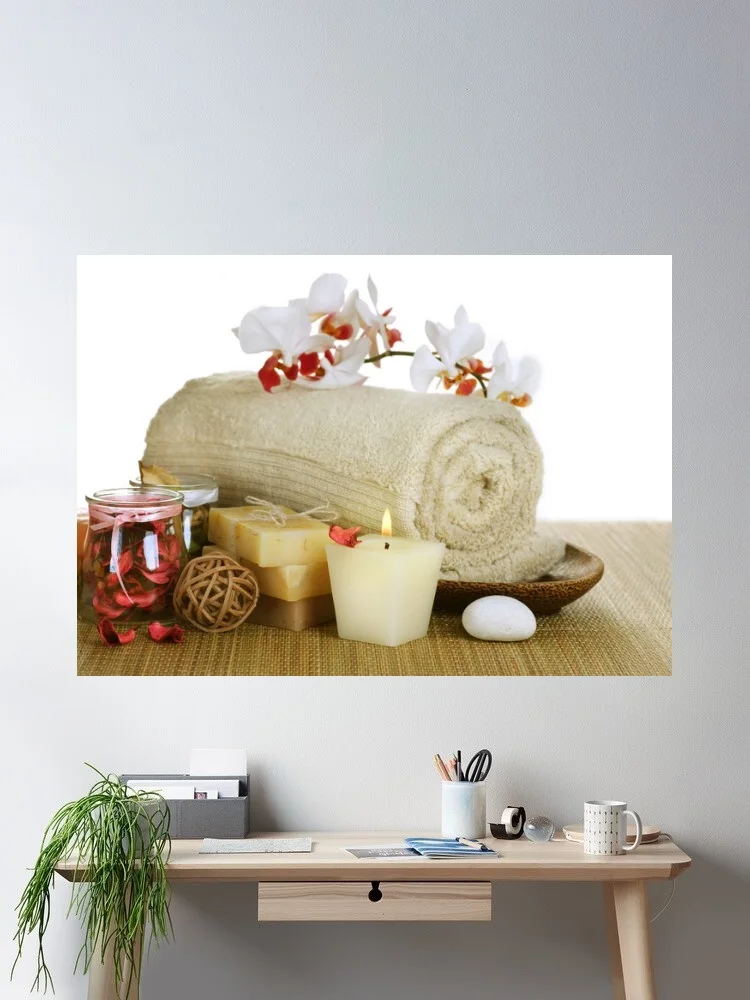 Spa items with orchid, towel, soaps, candle, and stones, Art Print Canvas Poster, Living Room Decor, Home Wall Picture