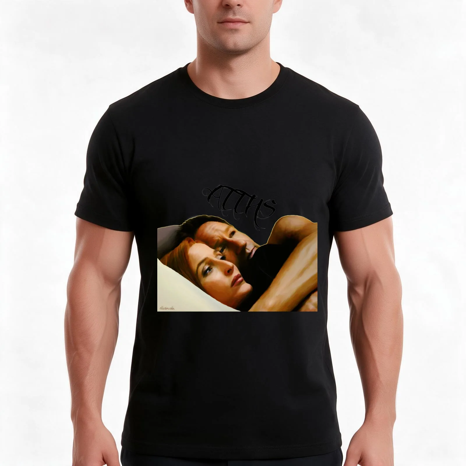 Mulder & Scully in bed ATTHS - oil color painting T-Shirt, Summer Casual Cotton Tee, Oversized Streetwear Tops, Unisex Men Women