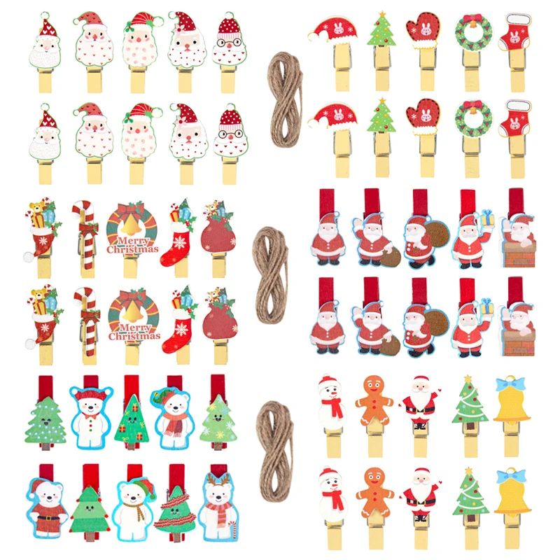 10pcs Mixed Styles Christmas Wood Clips Santa Bear Xmas Tree Photo Clips Clothespins DIY Photo Pegs for New Year Gift Bag Clip