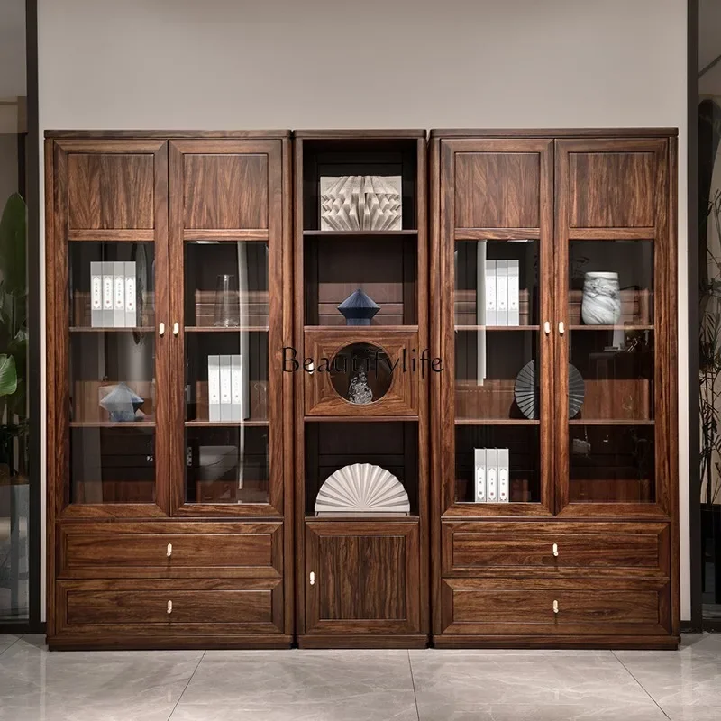 

LNew Chinese ebony solid wood bookcase combination with glass door simple storage cabinet