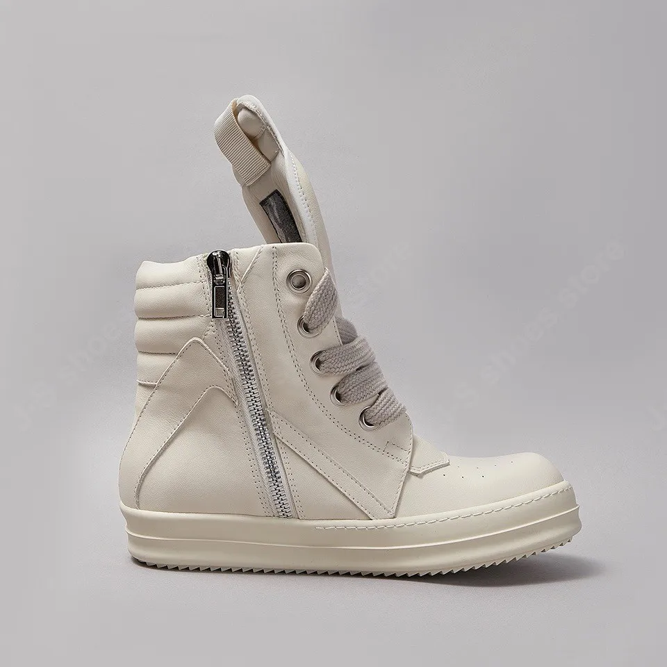 Brand Ricks Men Shoe Ivory White Leather Shoes Women Sneaker Casual Shoes Owens Boots Jumbo Laces Design Zipper Flats Sneakers