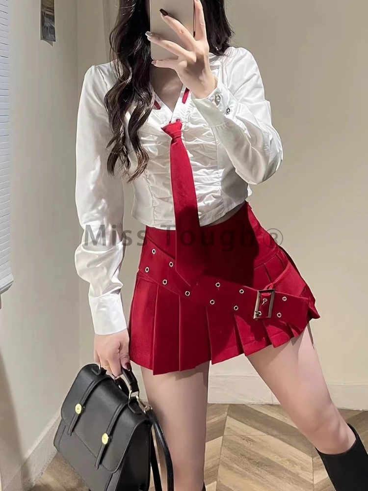 Autumn Spice Girl Y2k Design Two Piece Set Preppy Style Fashion Suit Streetwear Women Long Sleeve Shirt + Mini Pleated Skirt Set