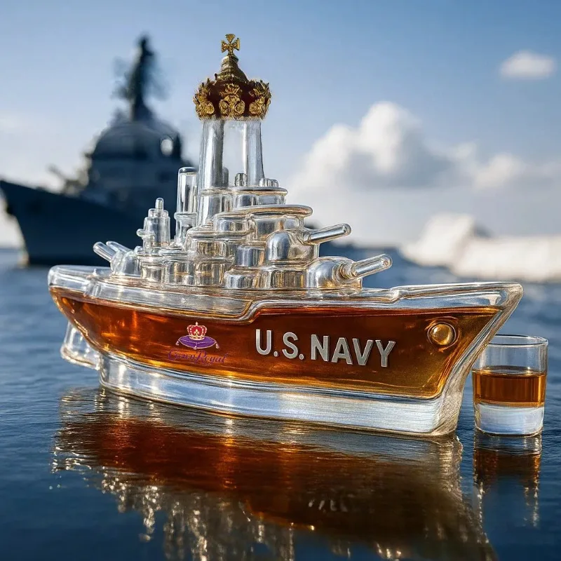Novelty Warship Design Whiskey Decanter Crown Cap Clear Glass Liquor Bottle for Whiskey Bourbon Bar Display Decor Ornament
