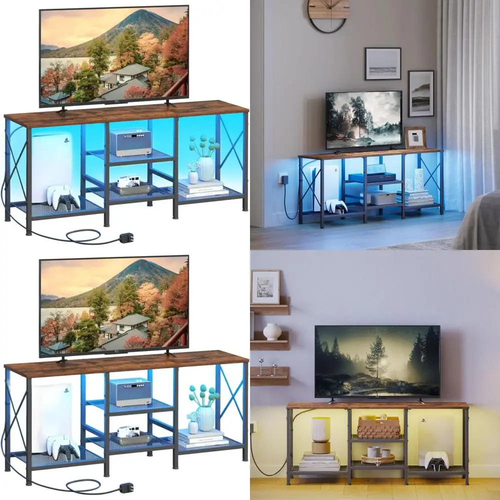 

Rustic Brown 55 TV Stand with LED Lights and 3-Tier Shelves for Living Room & Bedroom Entertainment Center