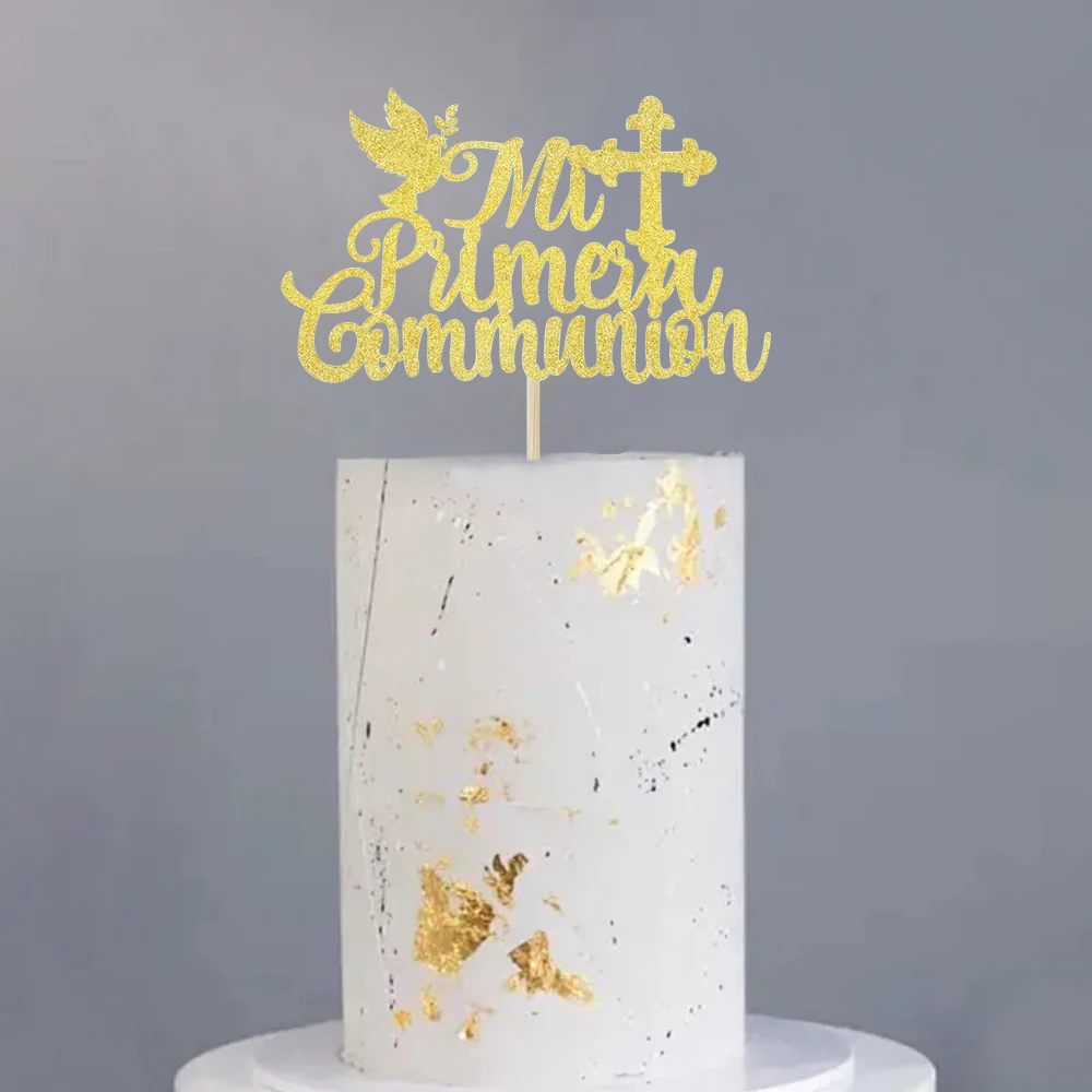 5 Stück Goldene Kreuz-Kommunion-Glitzer-Kuchendekoration für Babyparty Geburtstagstorten-Dekoration Taufe Feiern – Detail 7