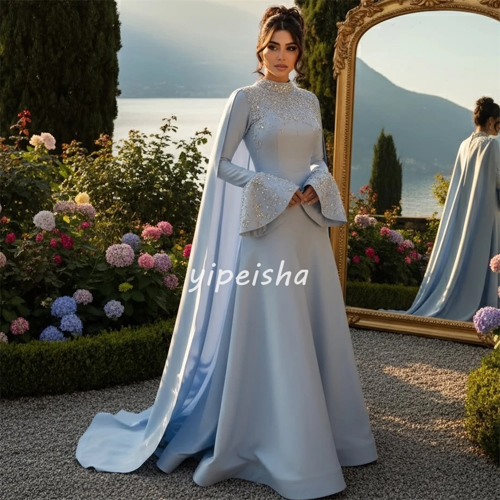 Customized Formal Evening Dresses Elegant Fashion Jersey Crystal Ruched A-line Prom Dresses High Collar Long Sleeves Party Dress image 2