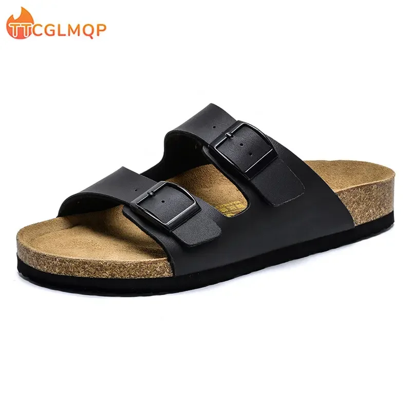 2023 Summer Cork Sandals Men\'s Flock Faux Suede Mule Clogs Slippers Brown Classic Buckle Cork Slides Slippers For Men Slippers