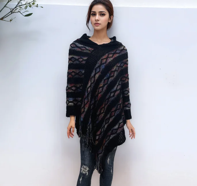 Poncho New Colorful Striped Loose Hooded Jacquard Tassel Capelet Women's Cloak Warm Outerwear Hooded sleeveless Cape