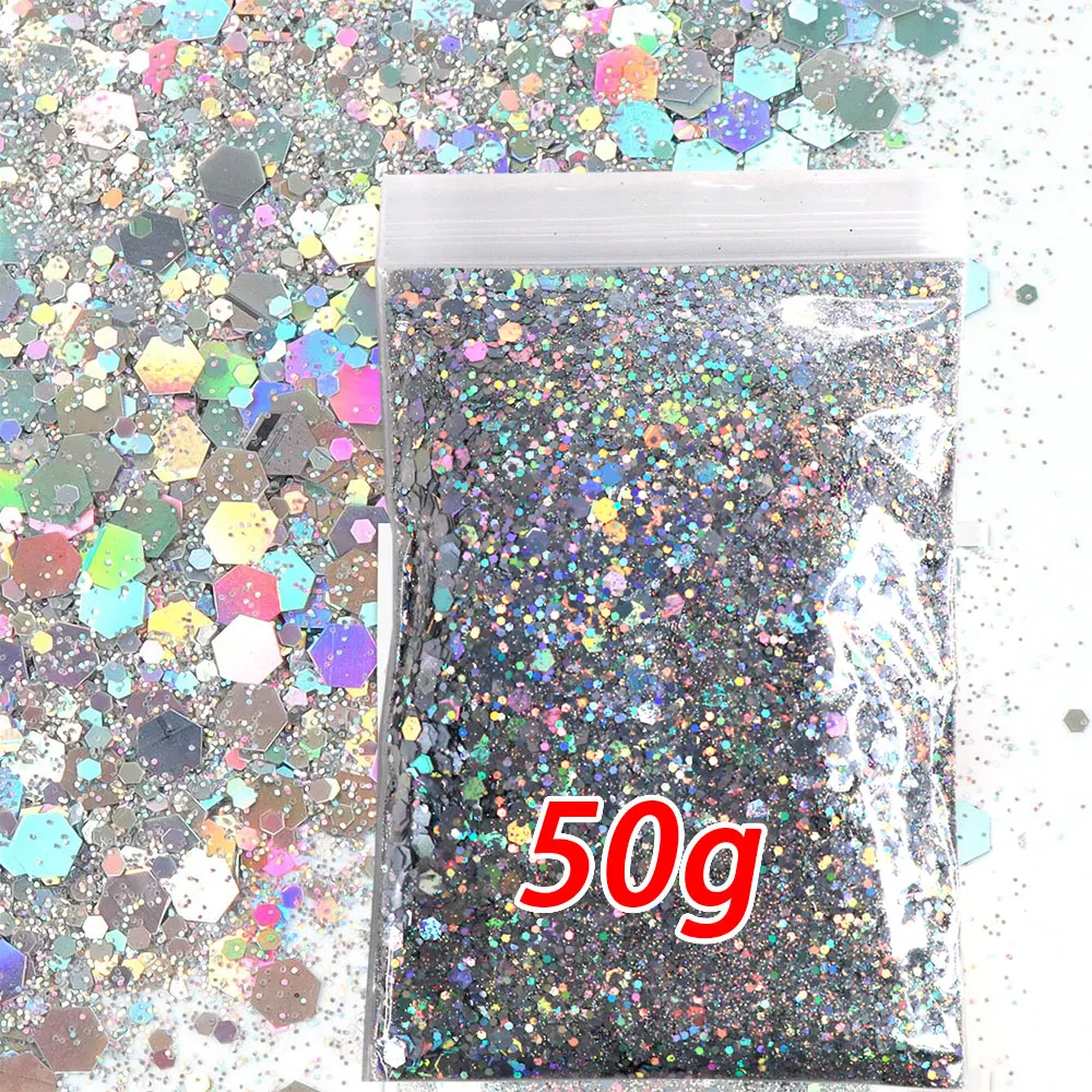 50g/bag Holographic Silver Chunky Glitter Sequins 0.2/1/2.5 Ultra-Thin Mixed Hexagon Nail Flakes Face Make Up Nail Art Glitter