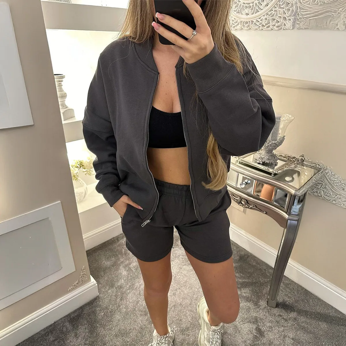 Setelan Dua Potong Jaket Resleting + Celana Pendek Wanita Musim Gugur Kasual Longgar Warna Solid Atasan Leher Bulat Setelan Celana Pendek Untuk Wanita