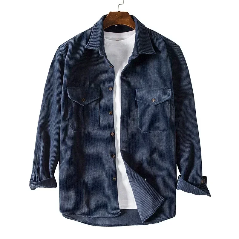 Men's Casual Corduroy Shirts Spring Autumn Long Sleeve Double Pockets Shirts Jackets Male Solid Fashion Loose Tops for Men