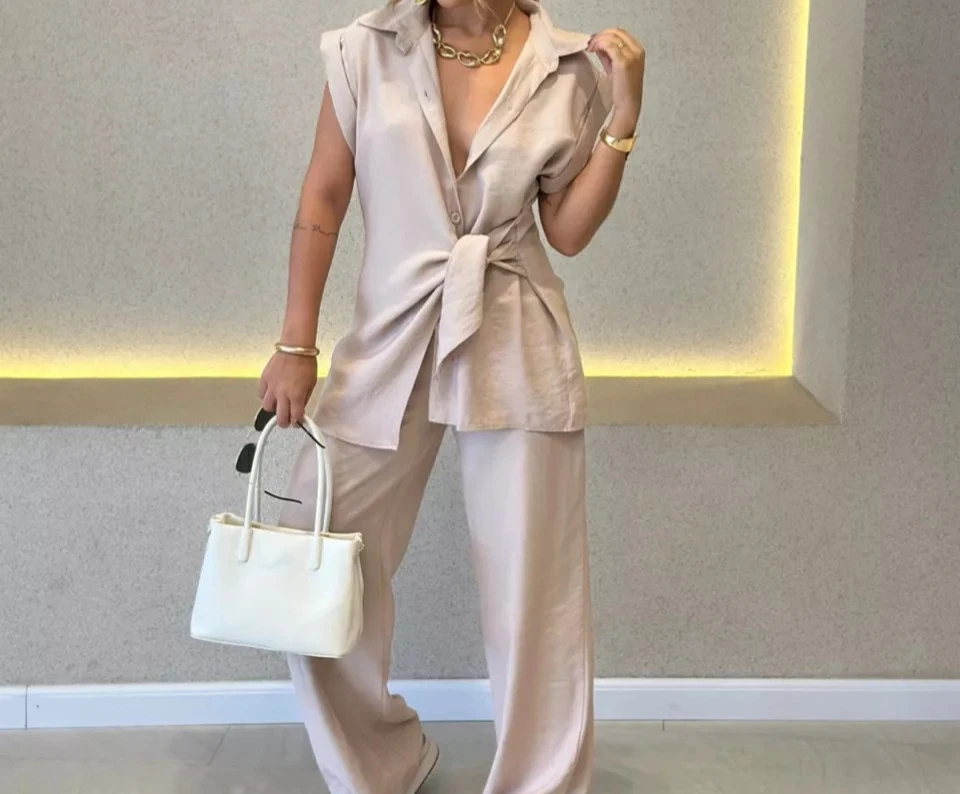 

Women's 2026 New Fashionable Lace Up Waistband Short Sleeved Shirt High Waisted Casual Pants Two-piece Set