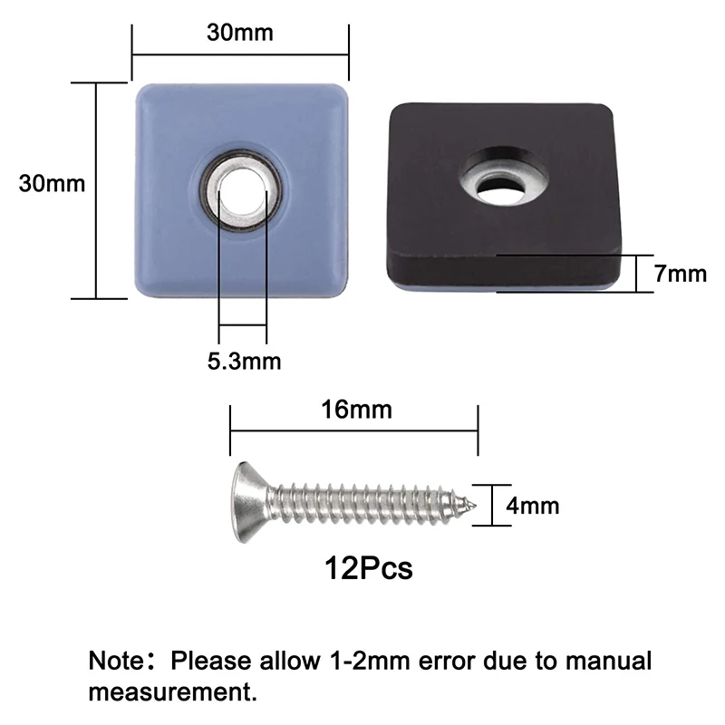 Protetores de Perna de Móveis com Parafusos, Sliders Quadrados, Cadeira Glide Pads, 24Pcs, 30mm