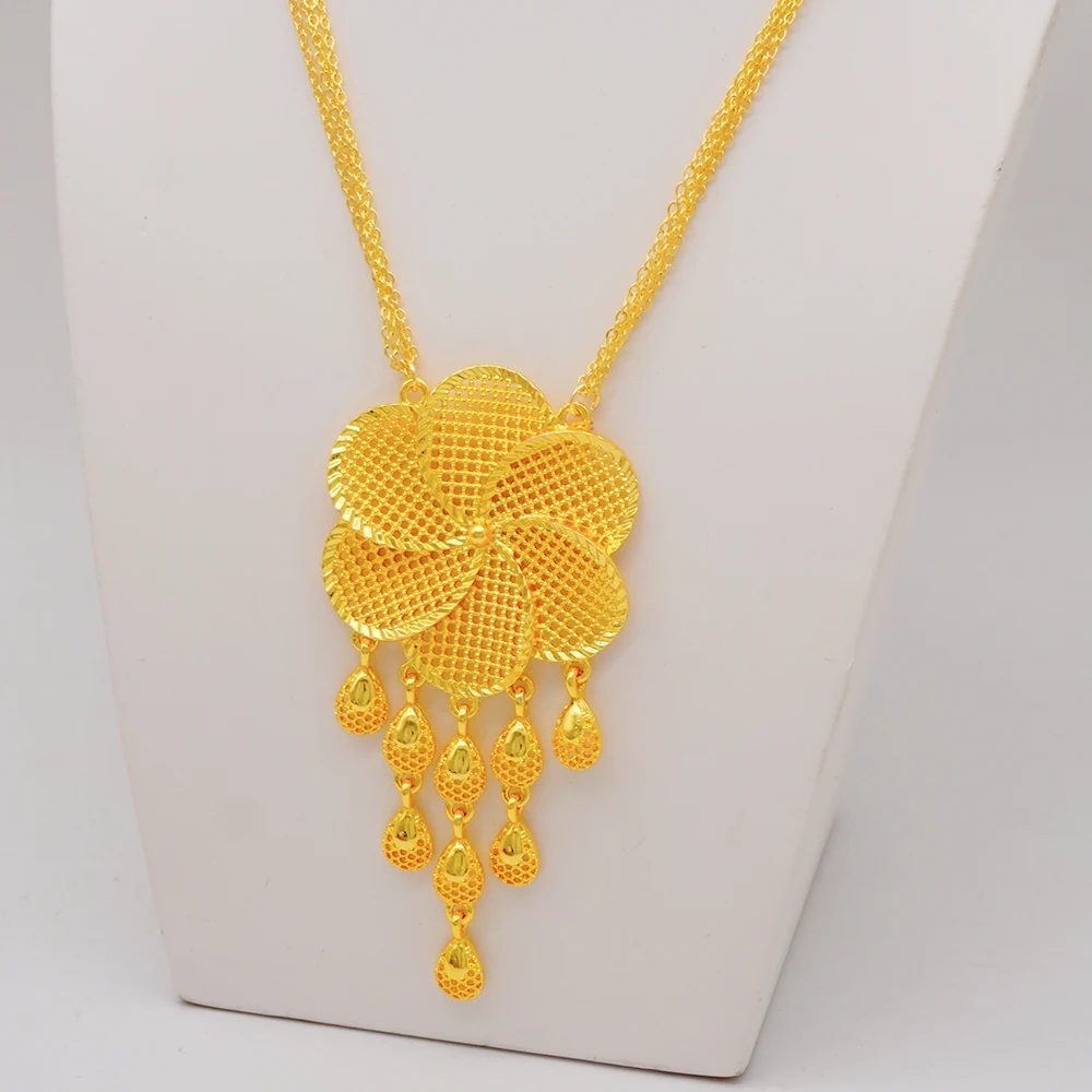 Fashion Jewelry Set African Dubai Gold Color Flower Tassel Long Chain Necklace Earings Sets For Women Wedding Party Gifts image 2