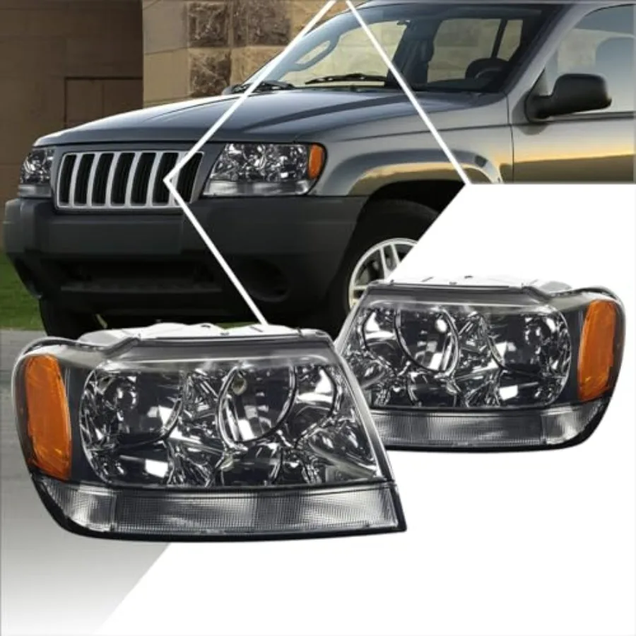 

Headlights Assembly Compatible with 99-04 Jeep Grand Cherokee WJ Pair of Headlamps with Amber Corner Lens in Black Finish for E