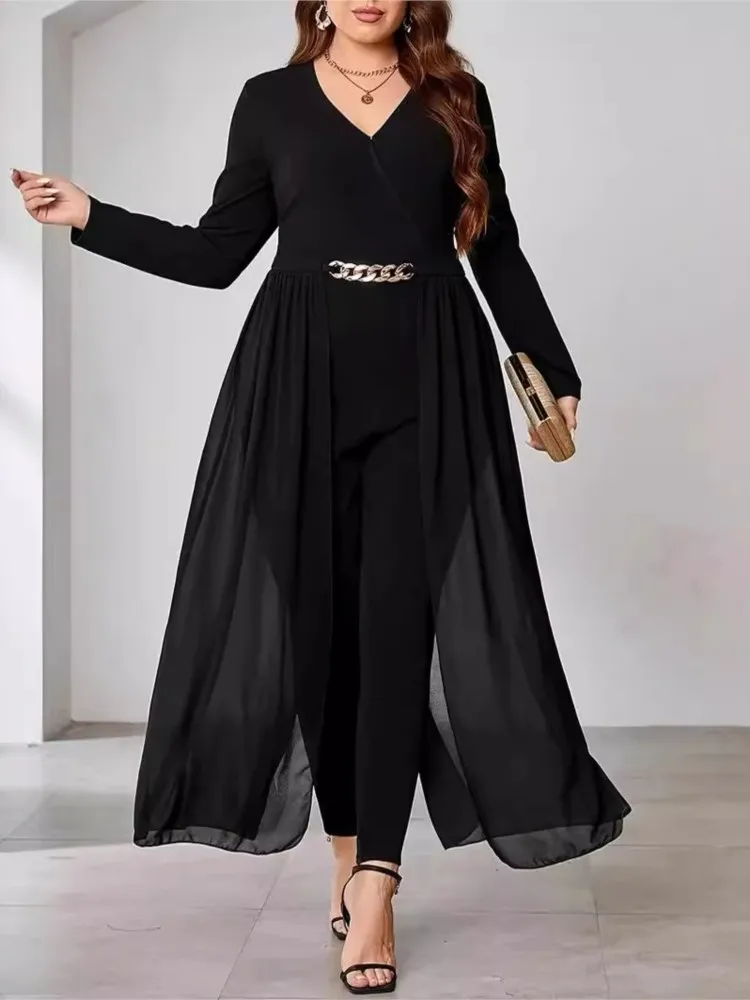 Plus Size Spring V-Neck Jumpsuit Women Mesh Patchwork Irregular Pleated Fashion Slim Ladies Jumpsuits Long Sleeve Woman Jumpsuit