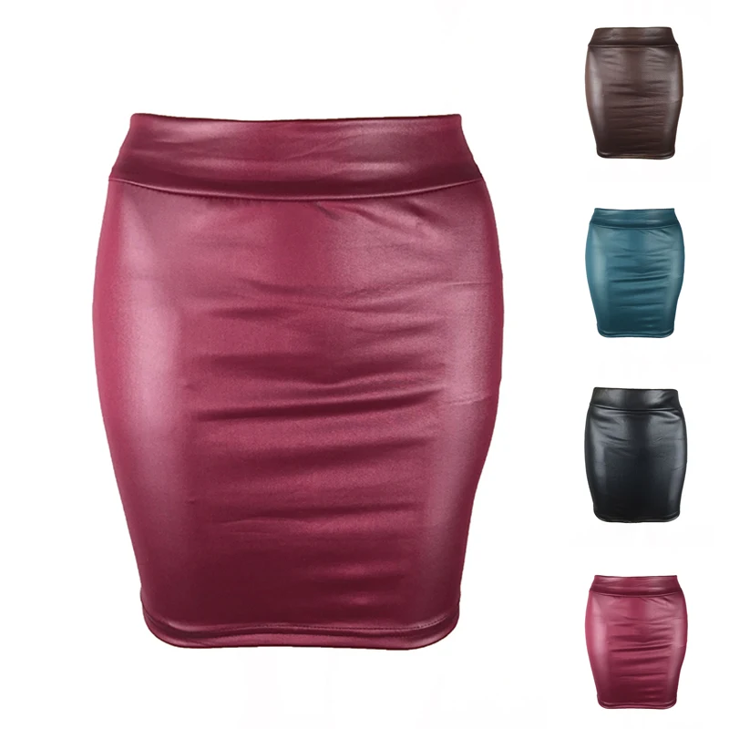 Zwart lederen rok bodycon hoog getailleerde hot rok minirok potlood sexy glanzende dames dames elastische taille