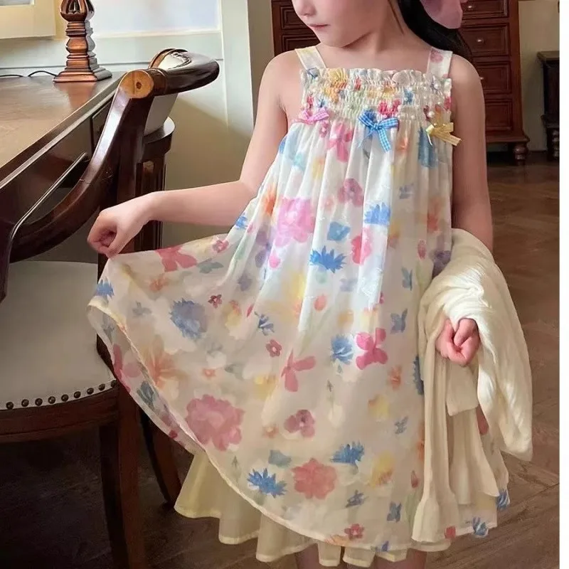 

TOY-Girls Sweet Resort Style Pearl Dress2025Summer New Children's Casual Floral Princess Dress Strap Dress