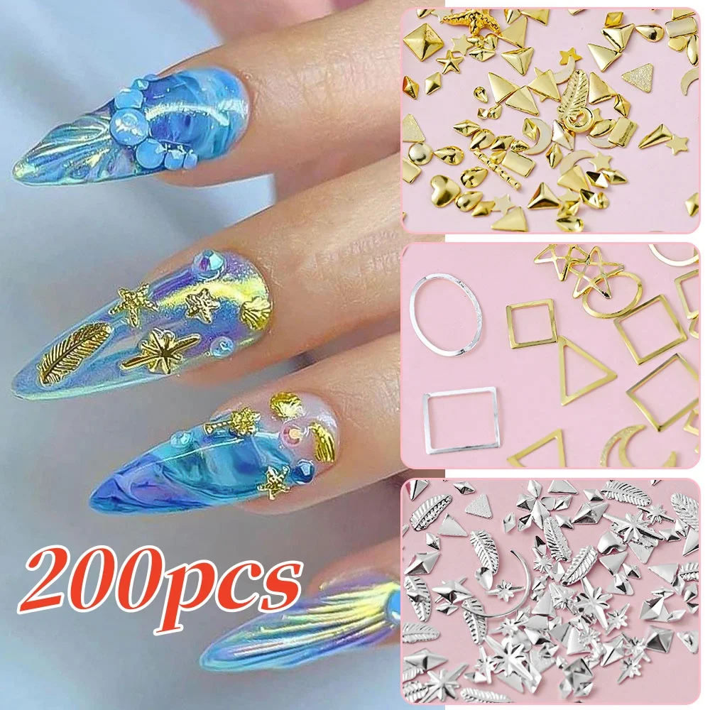 200pcs 3D Mixed Punk Gold Silver Metal Nail Studs Starfish Star Moon Triangle Frame Nails Art Charms DIY Nail Decor Accessories*