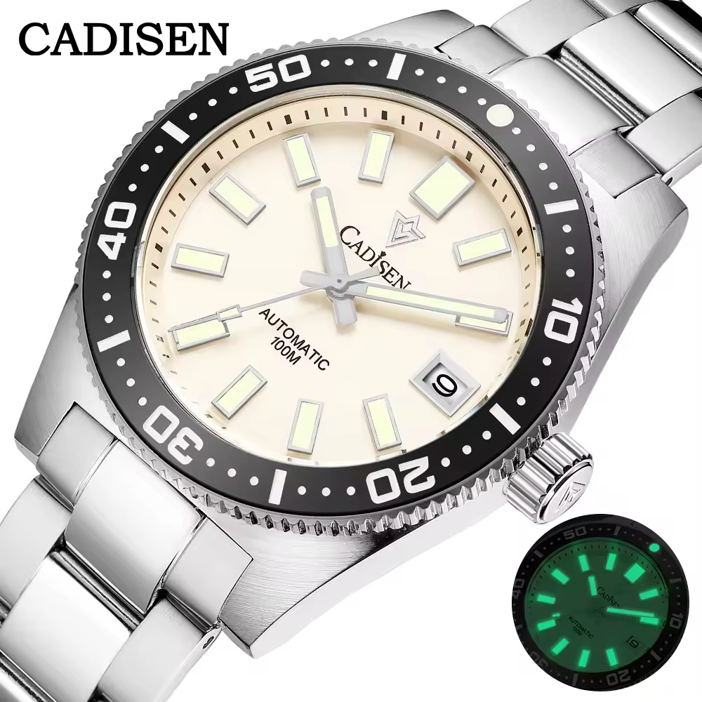CADISEN Novo Relógio Masculino de Mergulho 38mm Japão 8215 Automático Mecânico Vidro Safira Data Luminoso 100M à Prova D'água Relógio de Pulso Masculino