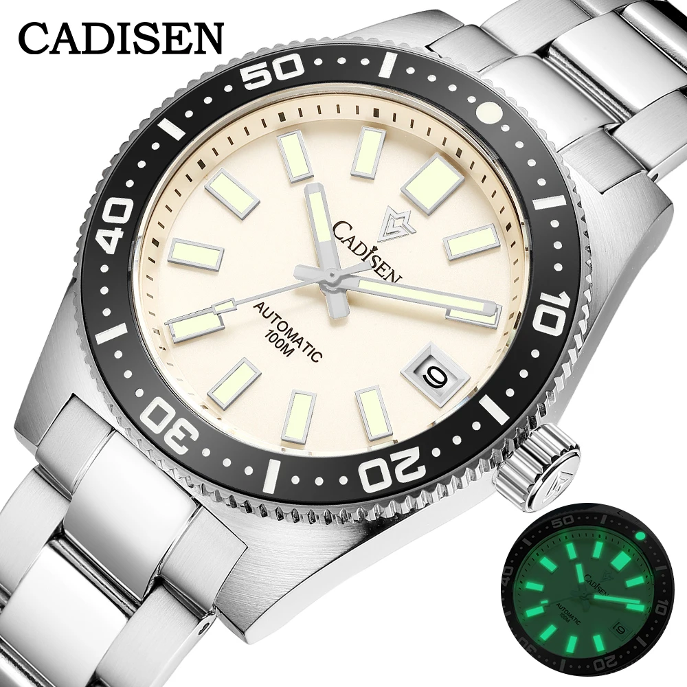 CADISEN New 38mm Diver Mens Watch Japan 8215 Automatic Mechanical Sapphire Glass Date Luminous 100M Waterproof Wrist Watch Men