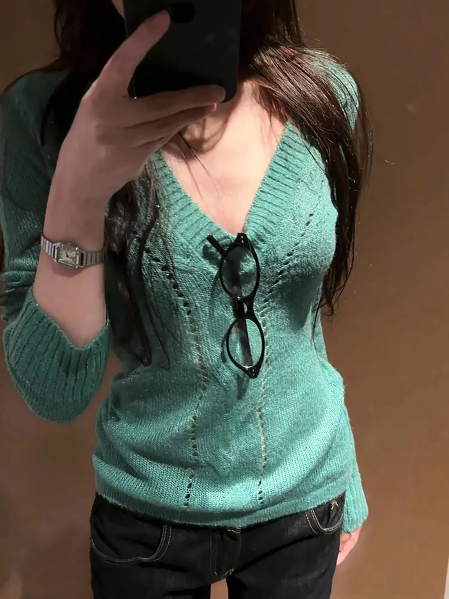 

Ele Hollow out Knitted Top Women's Slim Fit Base irt Pure Desire Sle Commute Faion Medium Thin V-Ne Long Sve