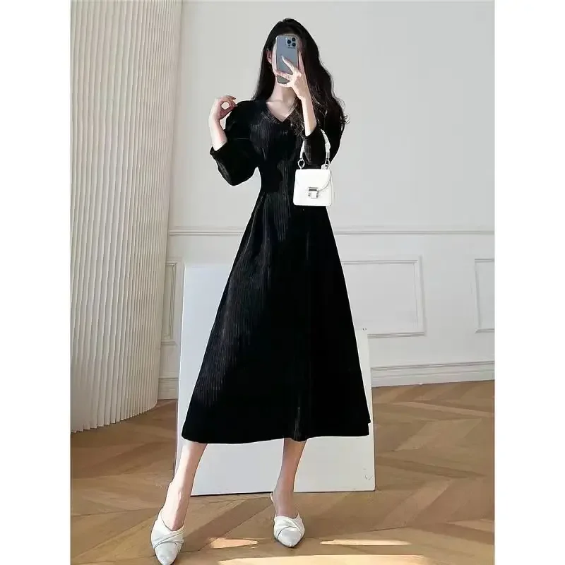 Women White V-neck Hepburn French Dress Spring Autumn New Style Thin Vintage Temperament Goddess Fan Long Dresses