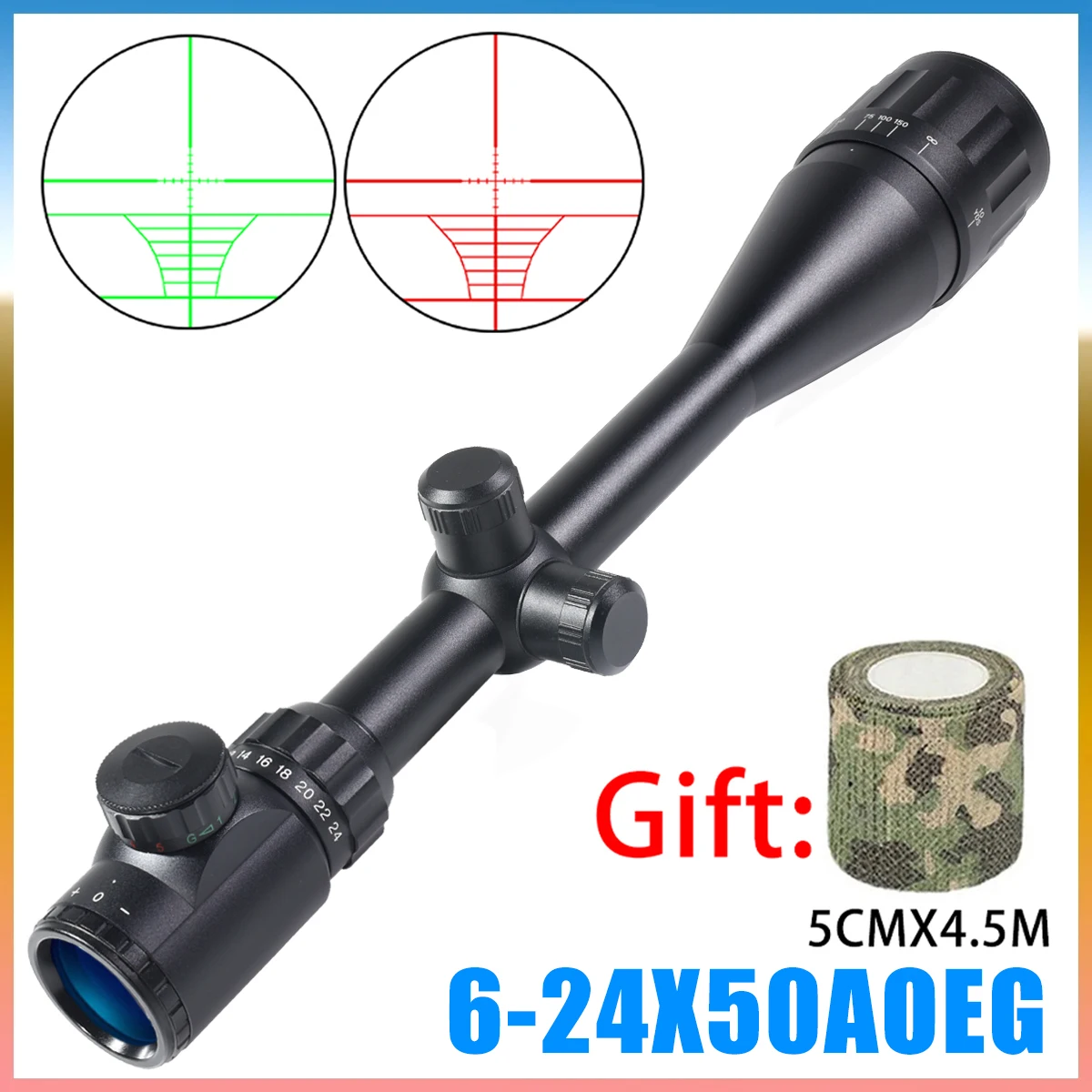 

6-24x50AOEG Optic Sight Red&Green Dot Illuminated Rifle Scopes Tactical Rifle Cross Spotting Scope 11mm/20mm Rail Mount