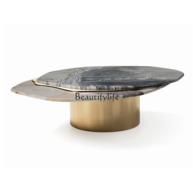 Natural Marble Irregular Shaped Coffee Table Stainless Steel Living Room Rotating Table