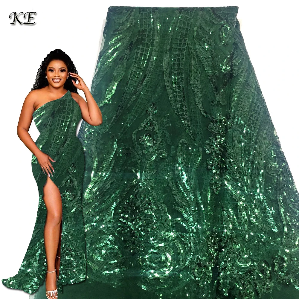 

Deep Green Wedding Dresses 2022 Tulle Lace Fabric Bride Dresses French Net Lace Shiny African Lace Fabric With Sequins