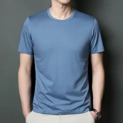 Top Quality Men's Mulberry Silk Tops Summer Casual Breathable Lyocell Tee Shirts Male Smooth Silk Cotton T-shirt  Short Sleeved