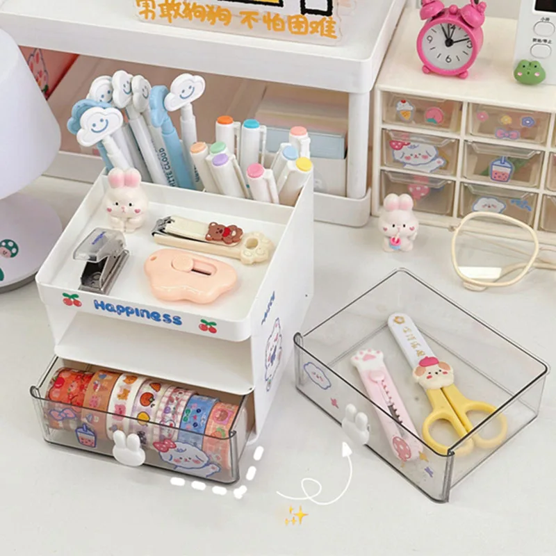 Kawaii Desktop Pencil Holder Case Cute Multi-functional Large-capacity Partition Drawer Desktop Stationery Organizer Storage Box