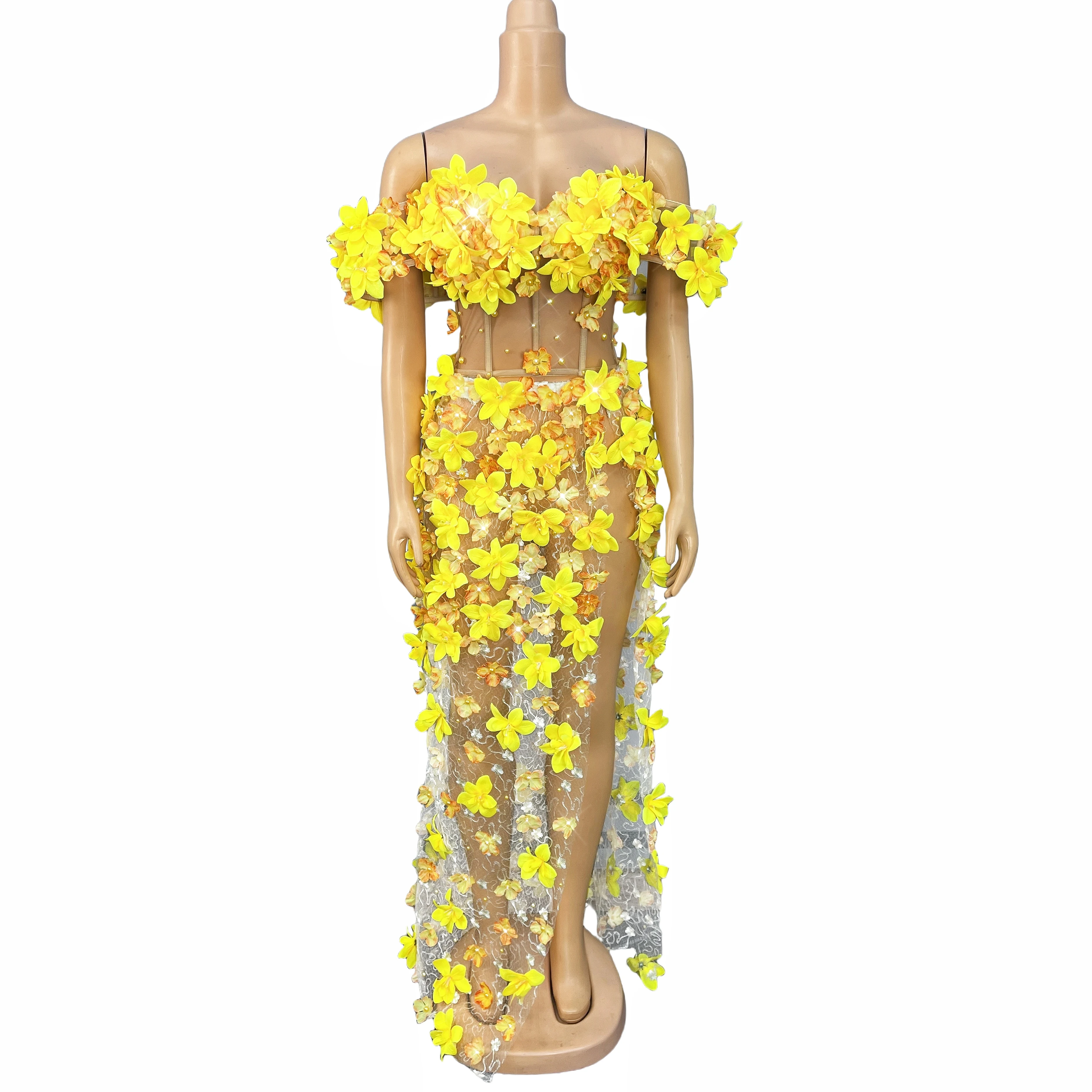 

New Handmade Blossoms Pearls Trim fit Mesh Top Skirt Outfit Party Fashion Show Elegant Costume Stage Performance Huanghuaban