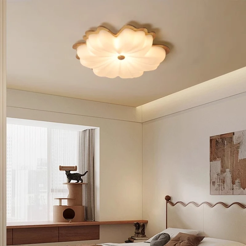 

Northern Europe Walnut Wooden Flower Shaped Ceiling Light LED Acrylic Lampshade Living Room Study Homestay Teahouse Hanging Lamp
