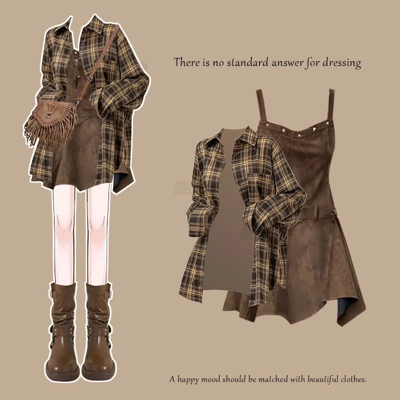 2026 Autumn New Korean Elegant Retro Dress Matching Set Women's Fashion Plaid Long Sleeve Shirt+Sexy Strap Skirt Two Piece Suit