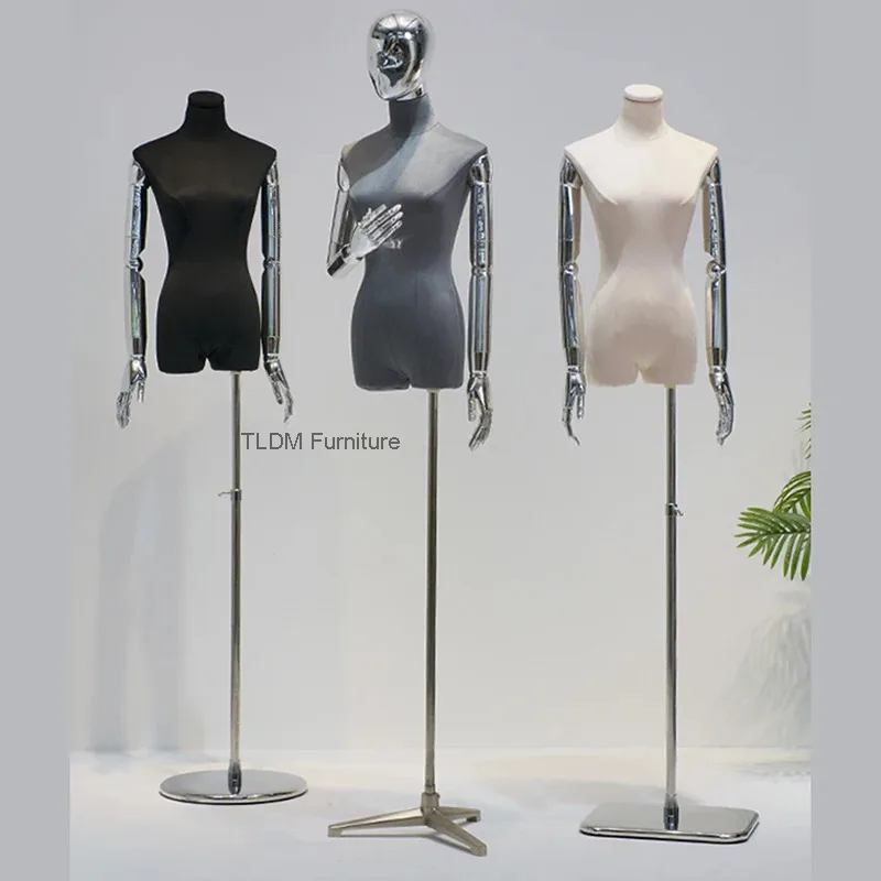 

Female Upper Body Korean Suede Mannequin Model with Electroplated Arms Clothing Store Window Wedding Dress Display Stand FYMQ