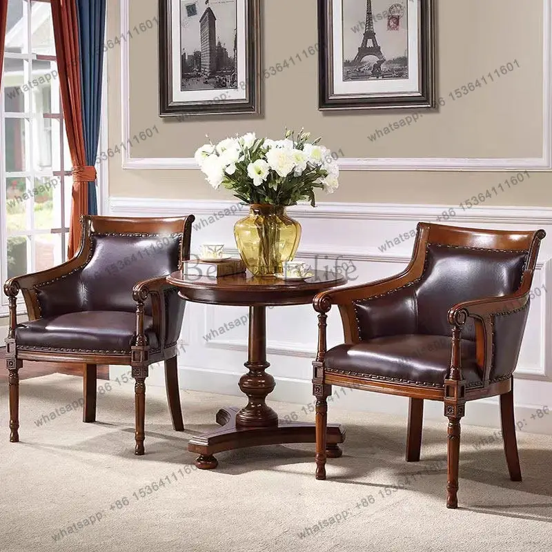 American solid wood book chair office rural retro backrest armrest leather European leisure chair