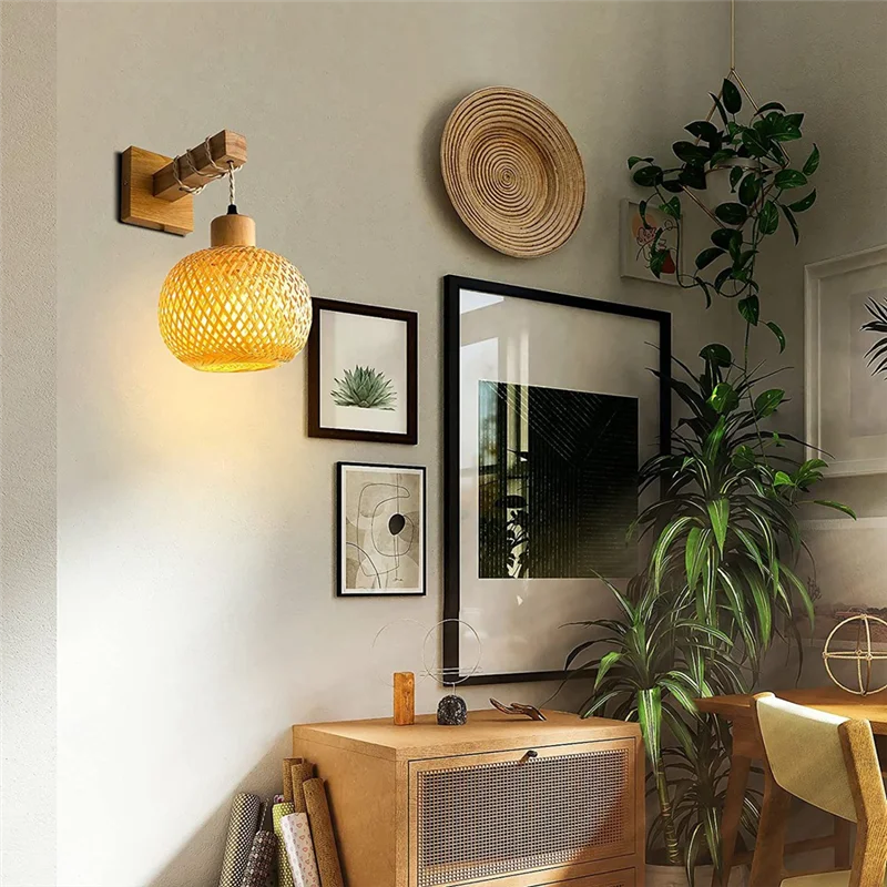 ABZV-Retro Wandleuchte, gewebtes Rattan, Holz, Wandleuchte, Wohnzimmer, Nachttischlampe, Vintage-Schlafzimmer, Dekoration, Beleuchtung-A