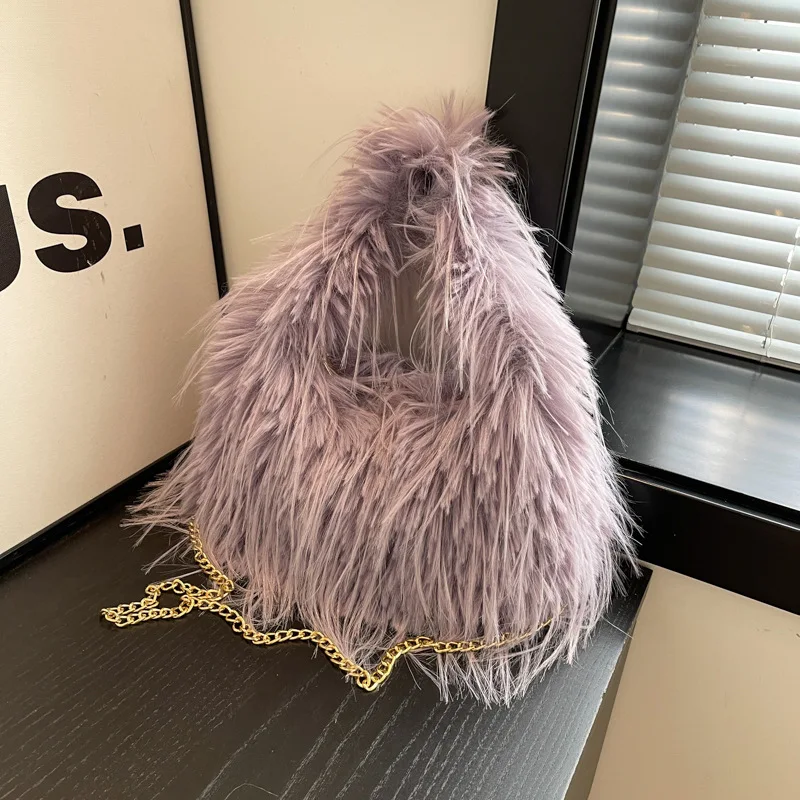 2024 Winter New Faux Fur Handbag Trendy Fuzzy Long Tassel Plush Shoulder Bag Fashion Female Furry Purse Tote Handbag Sac A Main