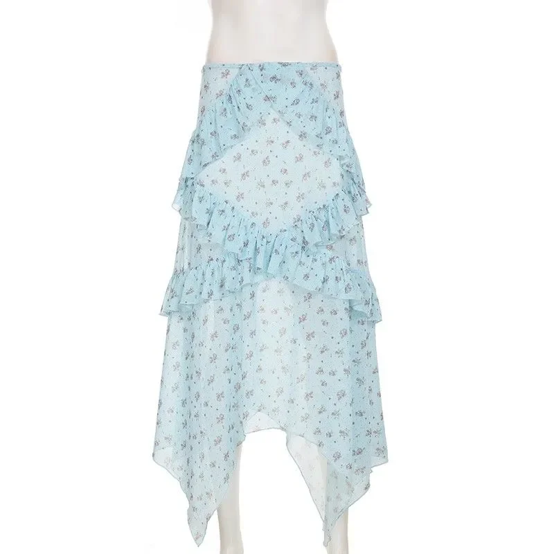 

Womens Light Blue Floral Print Tiered Ruffle Asymmetrical Hem Maxi Skirt