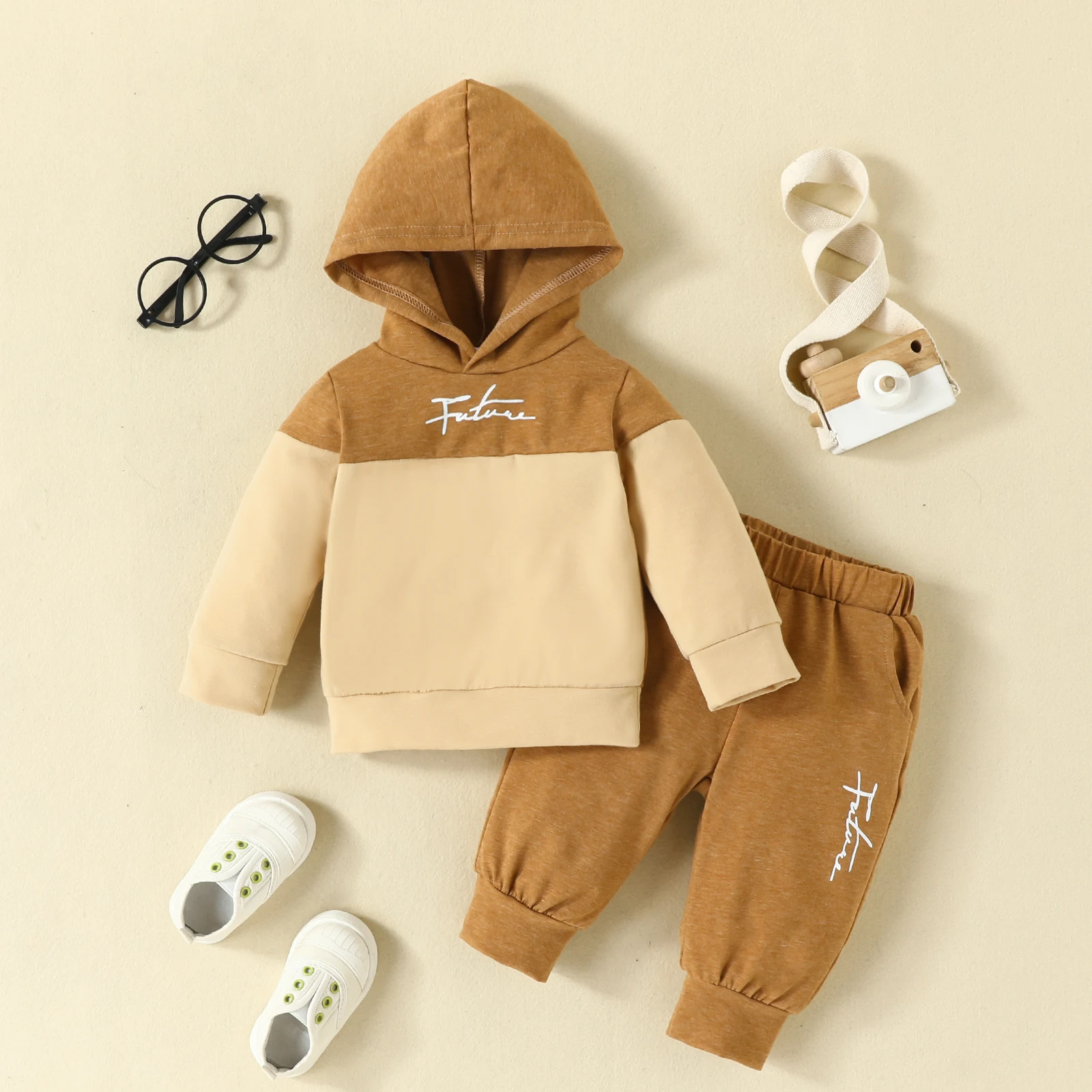 2pcs Baby Boys Casual Set With FUTURE Letter Print, Trendy Color Block Hooded Sweatshirt & Sweatpants Set For Winter