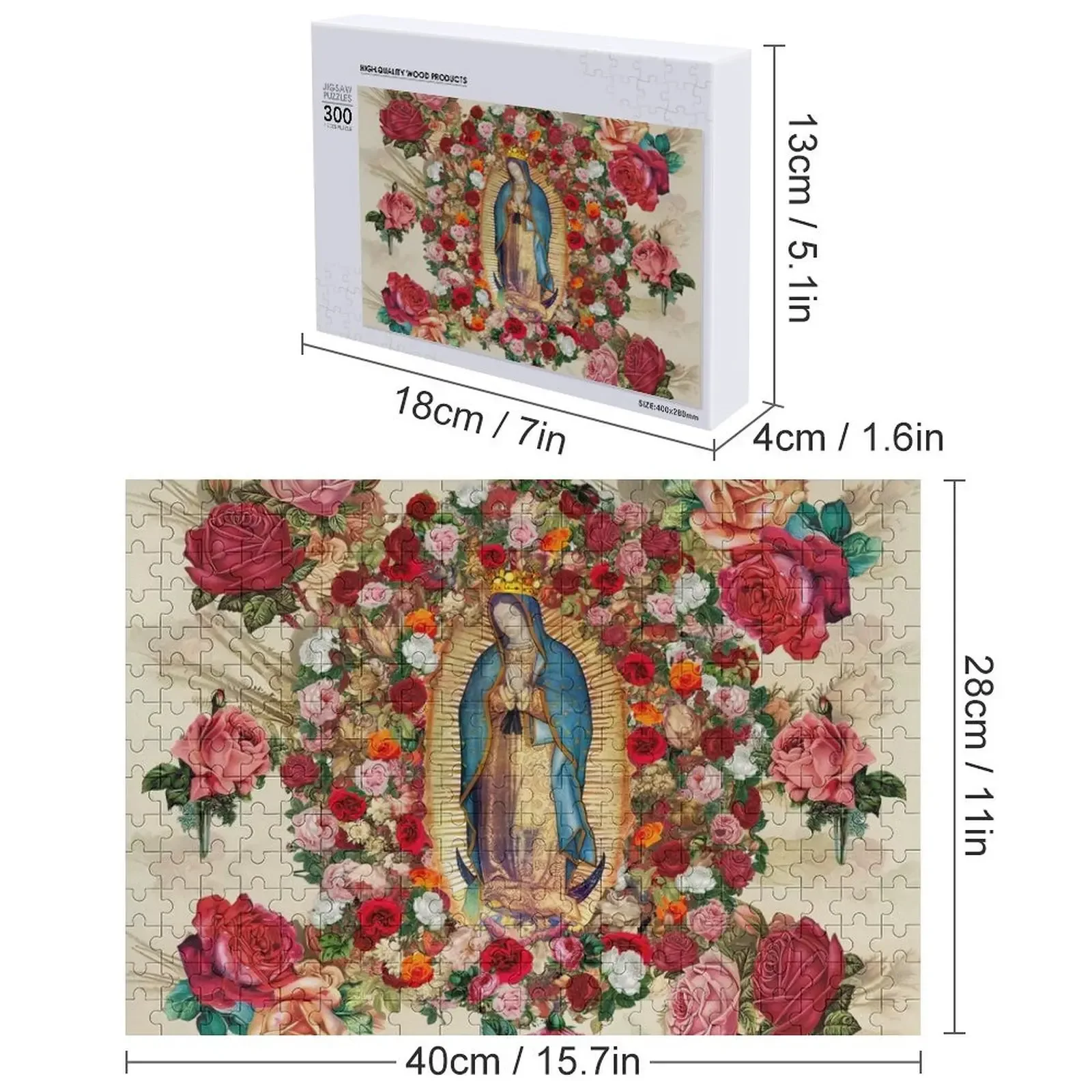 Puzzle z fotopuzzle z motywem Matki Boskiej z Guadalupe i różanym potpourrem, w stylu anime.