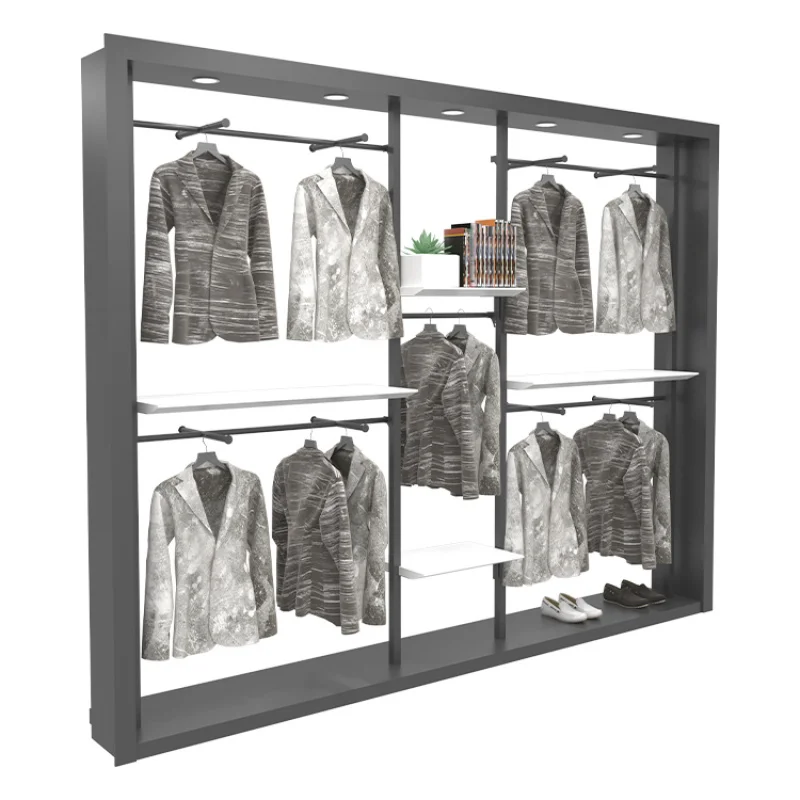 [Customized]Wood Wall clothes store shelf clothes shop display shelf design