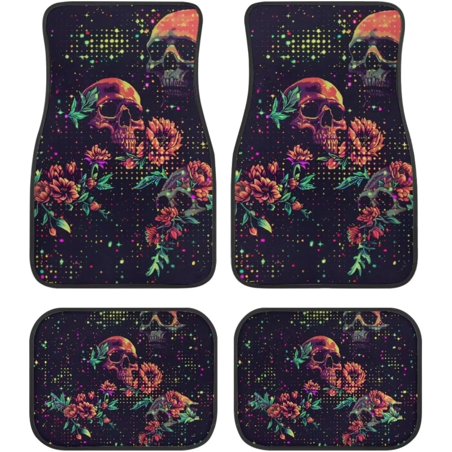 Pixel Floral Skulls Print Universal Fit Car Floor Mats 4pcs, Front & Rear Automotive Floor Mats With Multi Pixel Style Designs,